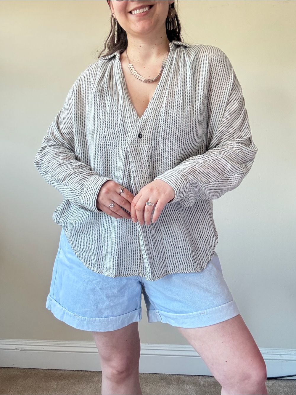 Free People White and Black Striped Button-Front V-Neck Top